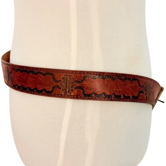 Rio Grande Western Tooled Belt Sz 38 Cognac Brown Steerhide Leather VTG Cowgirl - Picture 2 of 14